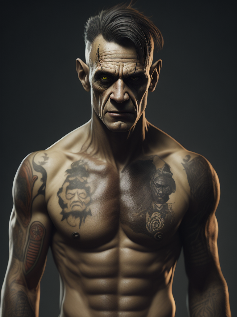 frankenstein with tattoos, scars, stitches