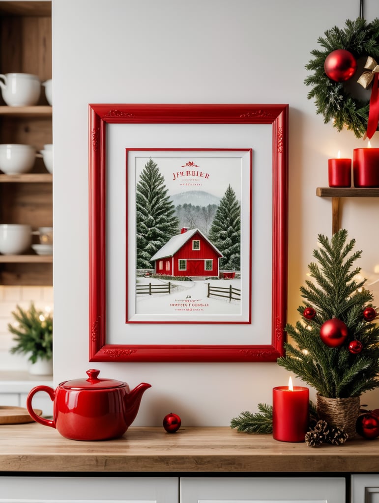 vertical picture frame mockup, cozy farmhouse kitchen, christmas decoration, red, white, green, christmas lights