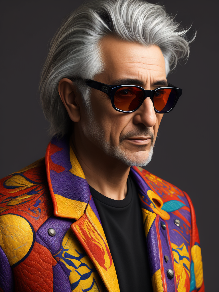 Pino Daniele wearing a brightly patterned jacket and wayfarer glasses, Vivid saturated colors, Contrast color