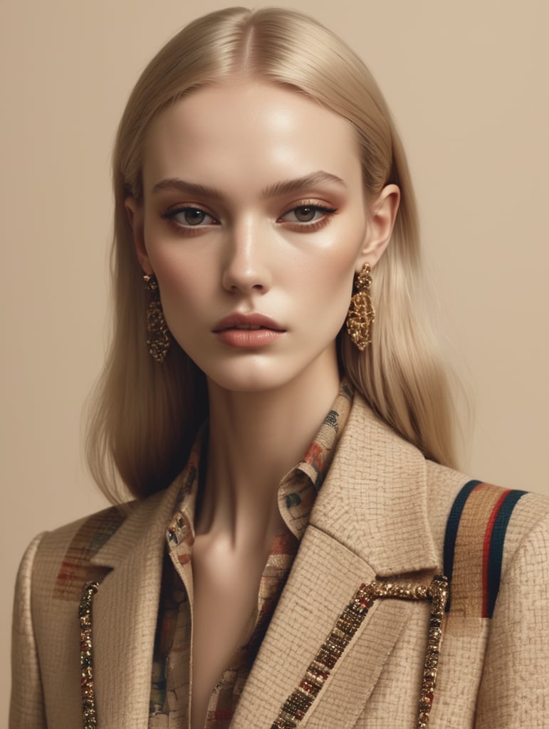 broken pixels portrait, vogue aesthetic, gucci style. beige tones, skinny