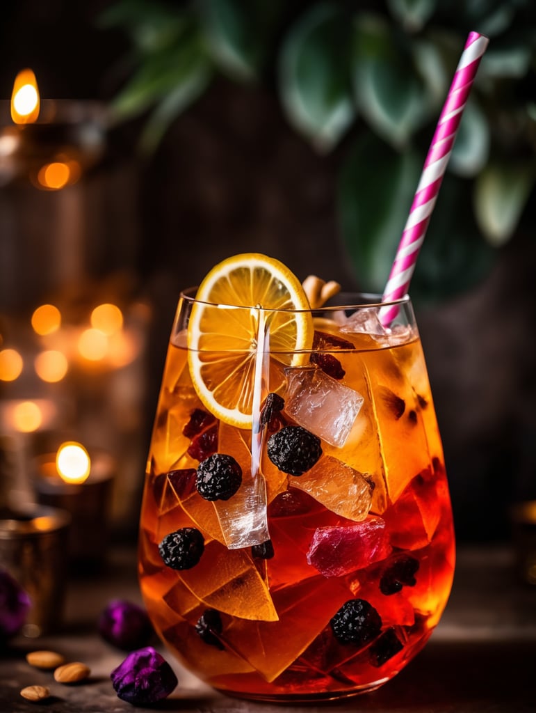 Gin cocktail with dried fruit slices, mood lighting