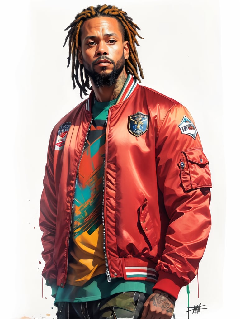 a man with dreadlocks on his head is wearing a colored jersey and a red bomber jacket