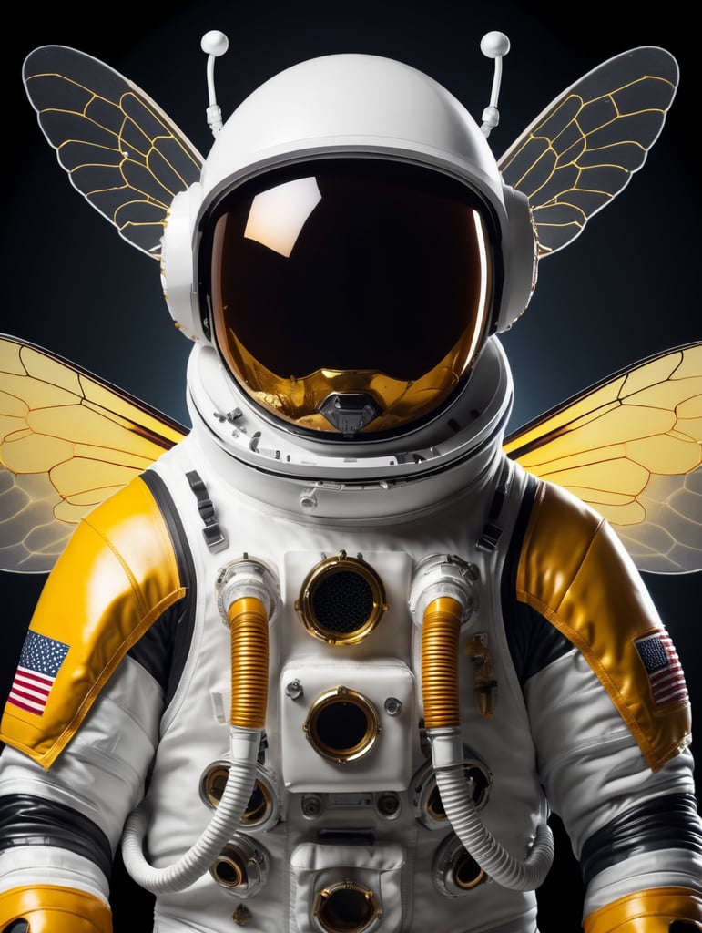 astronaut wearing space suit in form of a bee Make the helmet look like a honey bees head.