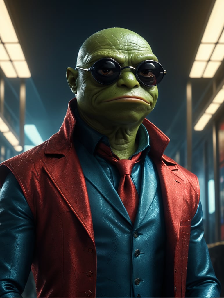 pepe the frog as morpheus in matrix in red and blue clothes