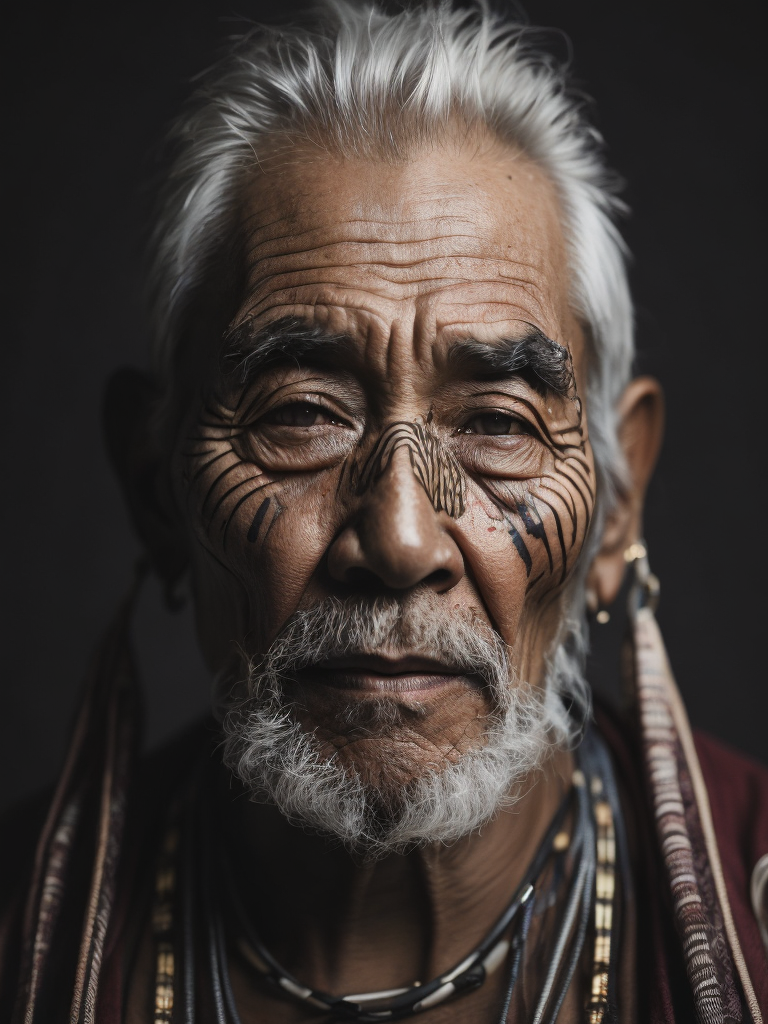 Portrait of a tribal elder with a face tattoo, photography, beautiful, black background, colorful, realistic, masterpieces, top quality, best quality, official art, beautiful and aesthetic
