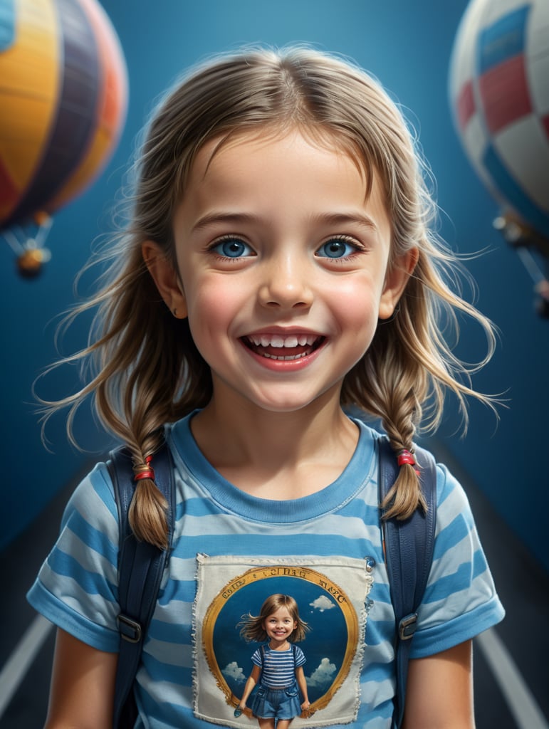 photo happy little girl going to travel, cute girl, Striped T-shirt, blue background, harpers bizarre, cover, headshot, hyper realistic