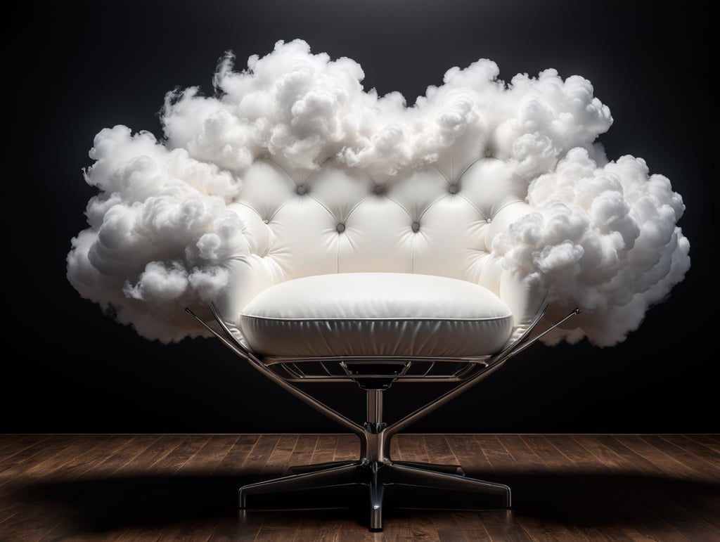 a beautiful modern chair on form of white cloud, studio shot, black background, studio light, hyper realistic, hyper detailed