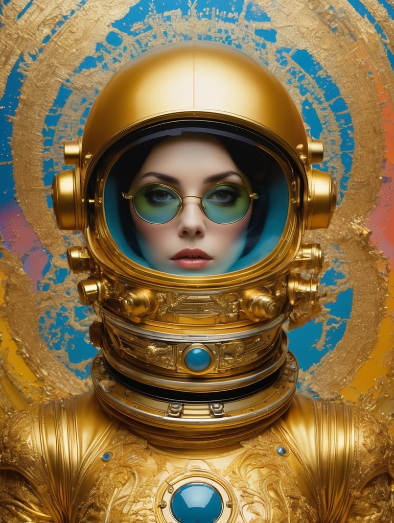 In 1998, abstract fashion photography captured a 1960s astronaut woman in a gold spacesuit with a large helmet and glasses. The art, created by Victor Moscoso and Bridget Riley, used Kodak Ektar 100 film. Carne Griffiths added a touch of magic with fluid art, while artists like Conrad Roset, Ilya Kuvshinov, Mark Fielding, and Zwy Studio emphasized high lights in the eyes. Sergio Lopez and Natalie Shau also contributed to the artwork.