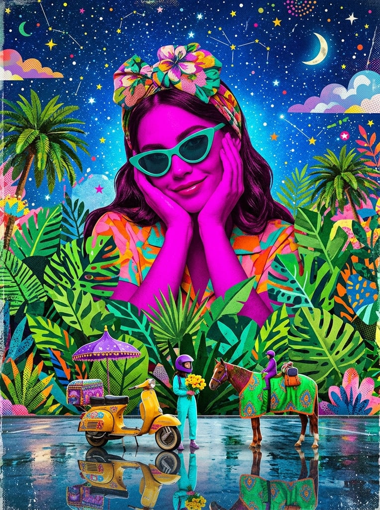 A surreal pop-art collage pairs a colossal magenta woman with miniature foreground elements against a starry blue sky. The giant figure wears teal sunglasses and rests her head on her hands amidst oversized green tropical leaves. Below her on a glossy reflective surface stands a small person in a purple motorcycle helmet and cyan outfit holding yellow flowers, a brown horse draped in a green blanket, and a vintage yellow scooter topped with a purple canopy.