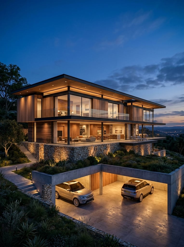 contemporary luxury villa at twilight, cantilevered flat roofs, warm glowing interior lighting against a deep blue sky, wood paneling, glass balconies, hillside foundation with rustic stone walls and exposed concrete, open garage illuminating a parked silver SUV, horizontal lines, photorealistic architectural rendering
