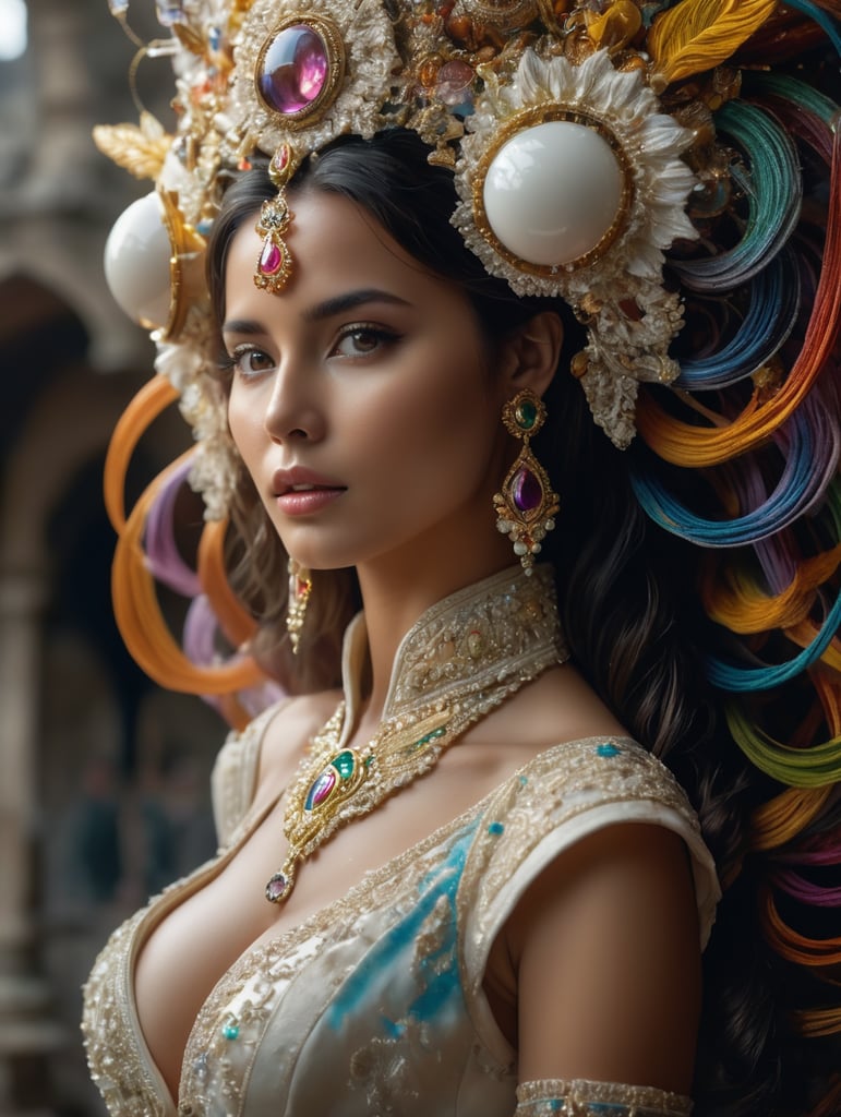 inspired ((Joyce Reopel, the chaos engine ) game style) ,The multi-colored cream cascades down from the woman's head, creating a mesmerizing spectacle as it flows down her face. masterpiece, best quality, (intricate details), (****), eldritch, glow, glowing eyes, volumetric lighting, unique pose, dynamic pose, dutch angle, 35mm, anamorphic, lightroom, cinematography, film grain, Steve McCurry, ((cinematic)), RAW, color graded portra 400 film, remarkable color, raytracing, subsurface scattering, hyperrealistic,