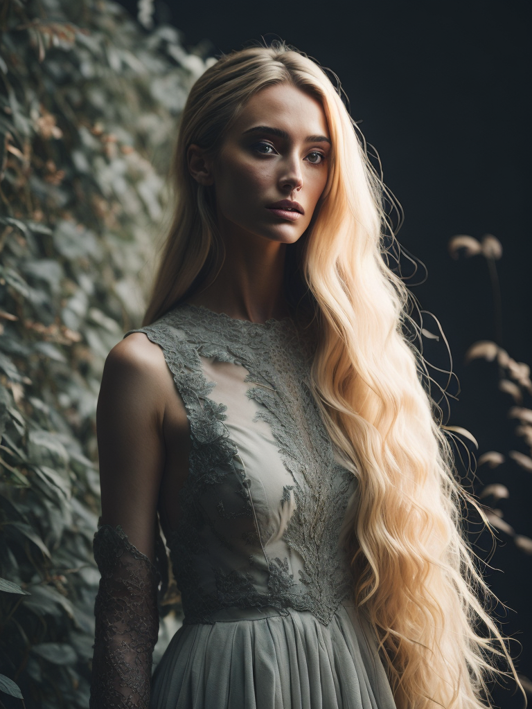 A beautiful woman model with long blonde hair. She is standing tall. She is dressed in a long light-colored dress adorned with various delicate and light-colored flowers.