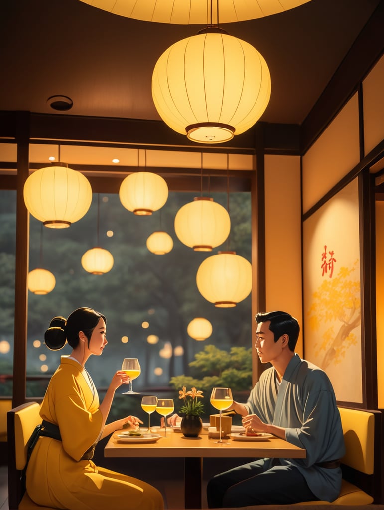 couple dinner at japanese restaurant with yellow light ambience, disney art style