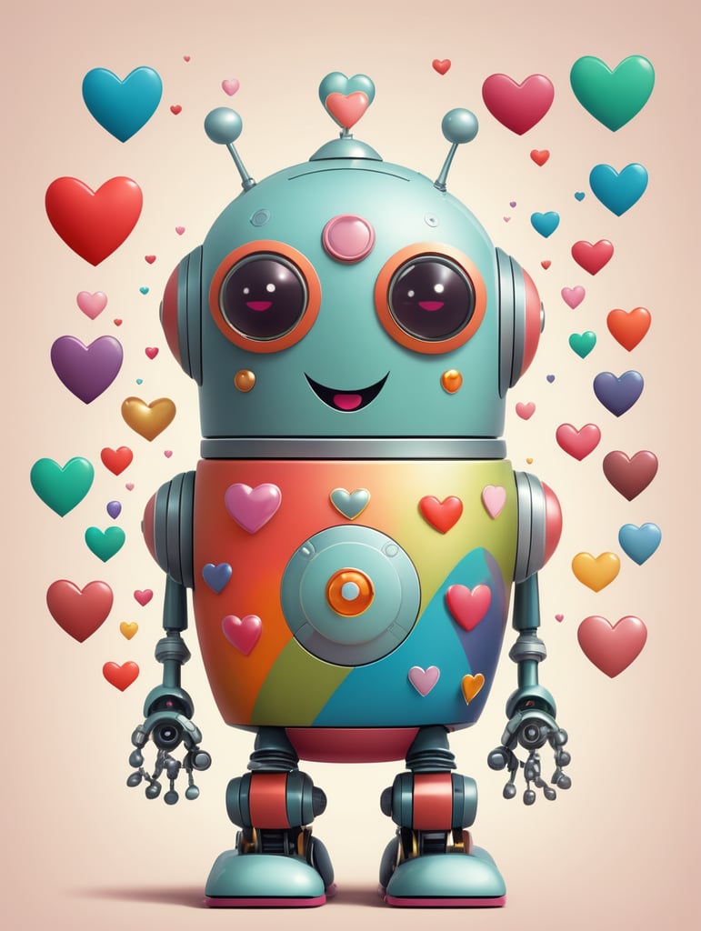 jetson's style robot, colorful, hearts, happy