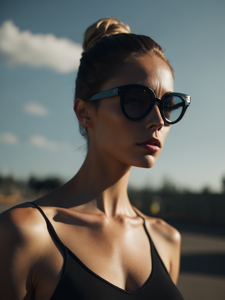 Portrait of a fashion model dressed in a black swimsuit and a yellow transparent sun glasses, Sunny weather, Contrasting light, Hair in a bun