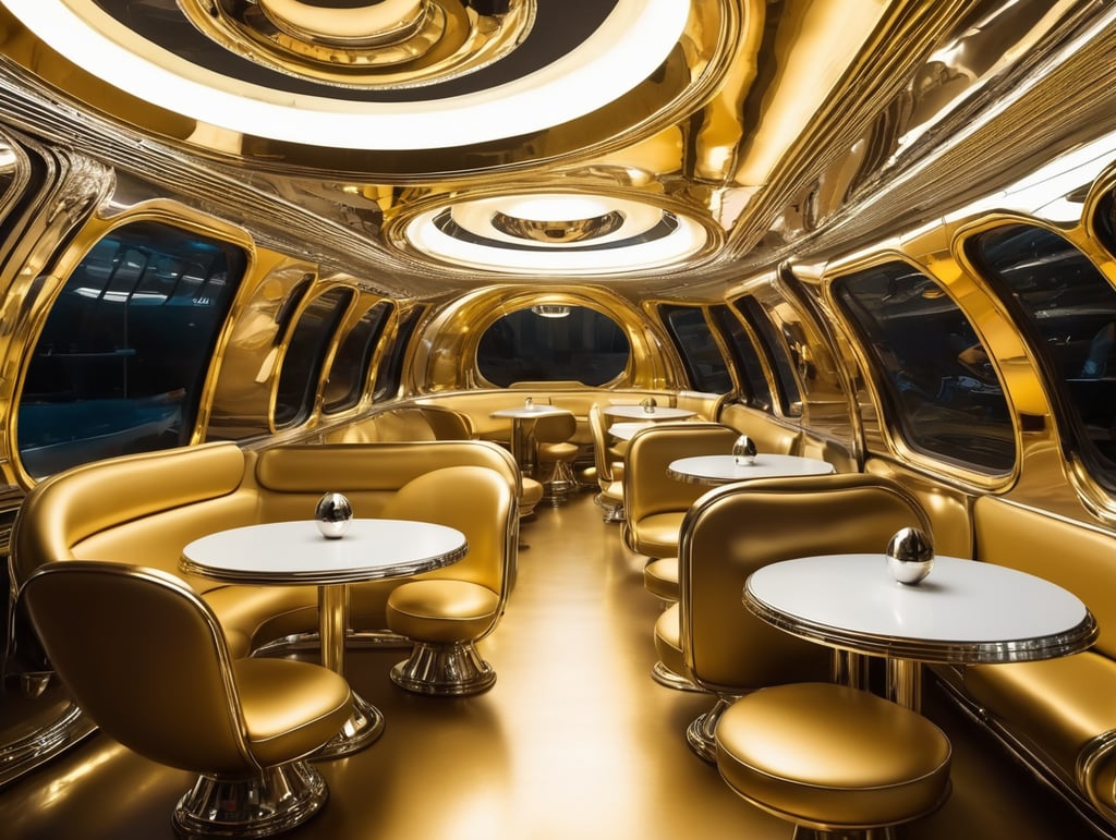 Futuristic interior of UFO cafe. Alien interior, chrome and gold tones