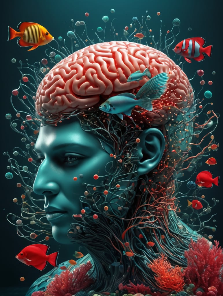 the brain was created by adding dots, in the style of hyperrealistic marine life, colorful animation stills, analytical art, intensely colorful figuration, bombacore, intertwined networks, dark teal and light red