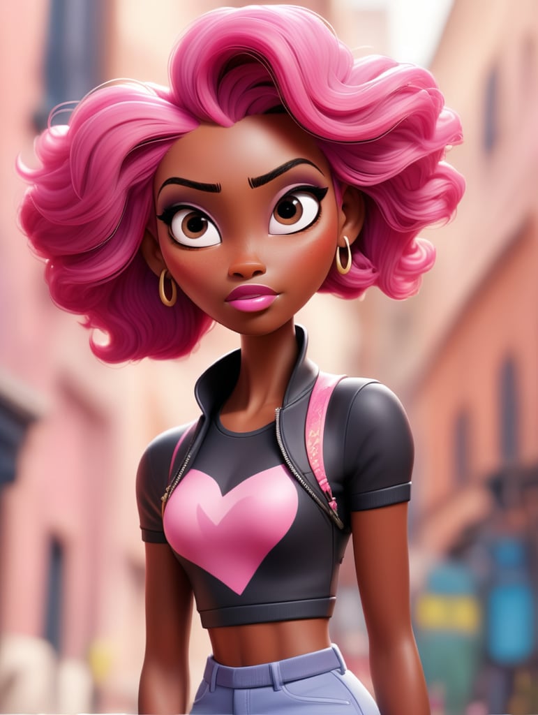 Black woman with long pink hair and crop top