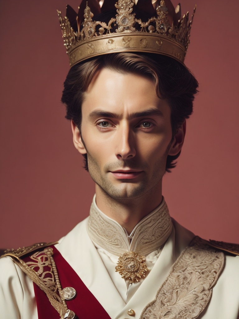 Oil portrait of miles edgeworth, intricate, elegant, highly detailed, lighting, painting, artstation, smooth, illustration, art by greg rutowski and alphonse mucha, david tennant king, david tennant with a crown sits on a throne, france, 1952 year