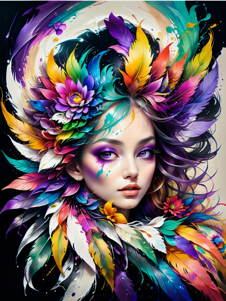 mesmerizing digital artwork features an amazing magical flower in rainbow colors with a purple feather standing in the middle, all on a black background. The artwork is a beautiful and surreal depiction of nature's magic. The rainbow flower is vibrant and eye-catching, with petals of every color of the rainbow. The purple feather in the middle of the flower is elegant and graceful, and it adds a touch of mystery to the artworK