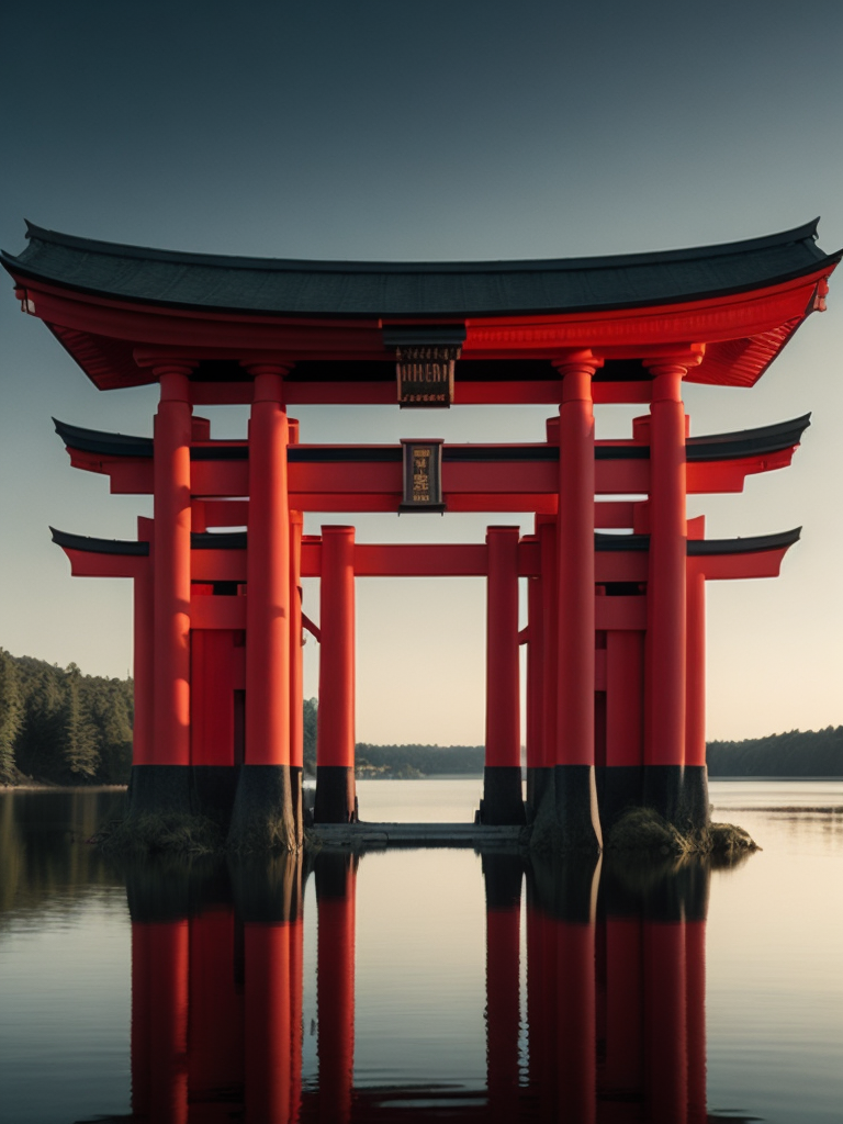 Red torii gate in middle of a lake, Dense forest on the edge of the lake, Bright and saturated colors, Japanese culture, photorealistic, contrast light