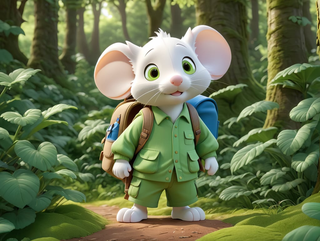 white mouse with backpack in a green clothes scratching the head in green forest thick leaves lush trees nature scenery picturesque landscapes enchanting foliage serene woodland botanical beauty