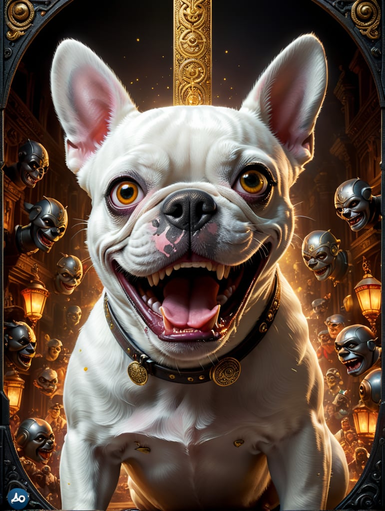 A Disney Pixar-inspired movie poster with title "Theodora". In the image a white french bulldog with a black rigth eye and nose, with black eyes and a smiling face. The scene should be in the distinct digital art style of Pixar, with a focus on character expressions, vibrant colors, and detailed textures that are characteristic of th animations, with the title "Argos"