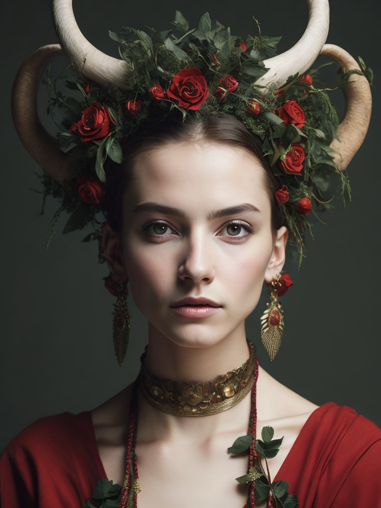 a girl wears a headdress with horns on it, in the style of hyperrealistic wildlife portraits, dark green and red, sofonisba anguissola, bess hamiti, medieval art, naturalistic depictions of flora and fauna, glen orbik