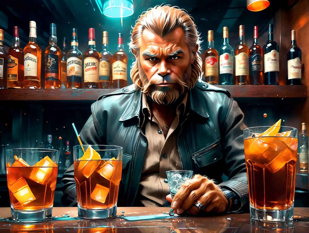 Chewbacca down on his luck drinking scotch in a sleazy bar