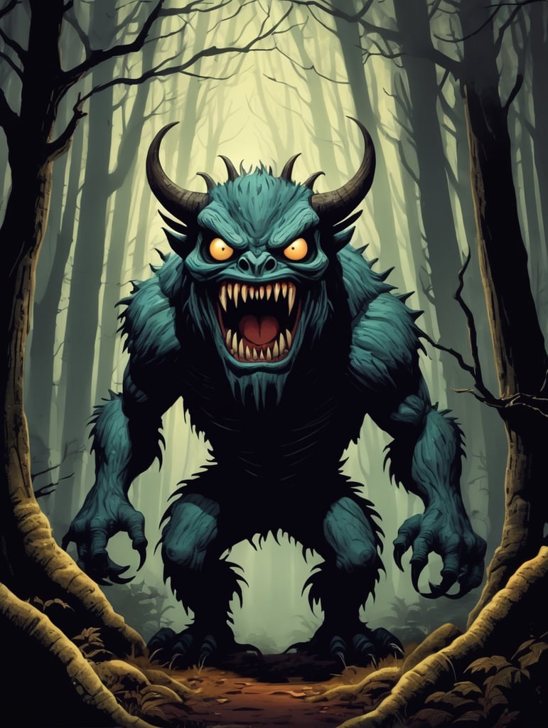 scary monster, in a dark forest, cartoon, cel-shaded, horror