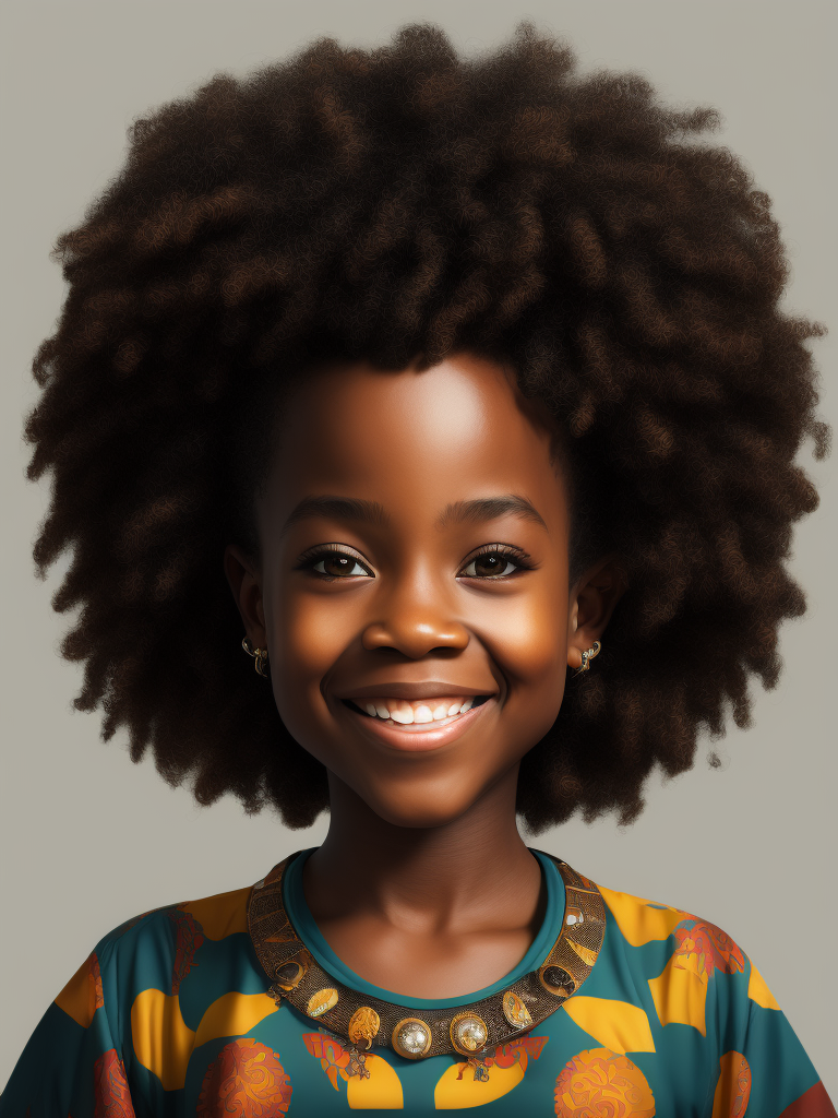 Smiling black woman, afro, award winning children's book illustration style, 2d illustration, white background, front view, vector