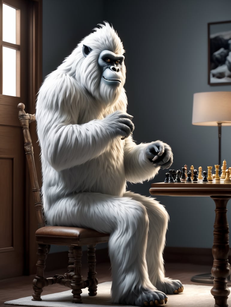 yeti inside a room, seen in profile, full-length, with a sweet expression, he is sitting on a small chair, playing chess, hyper-realistic