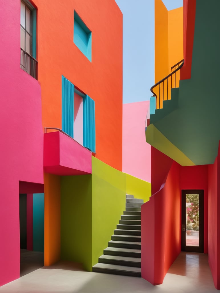 staircase, flight of stairs, all in bright colors, inspired in Luis Barragán Vibrant colors, open window on the left