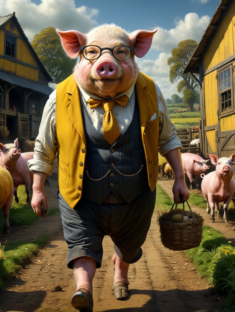 A very old but learned pig, wearing round glasses, walking through a farmyard wearing a mustard yellow waistcoat.