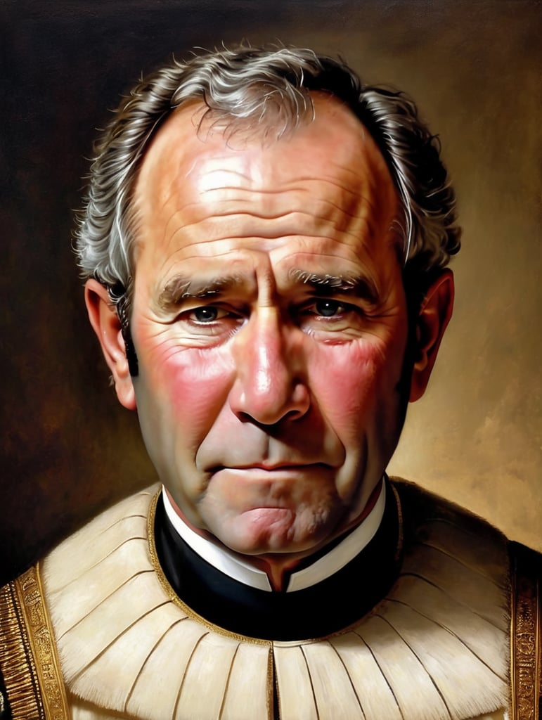 Portrait of George W. Bush by Rembrandt Harmenszoon van Rijn, sad face, America, so sorry