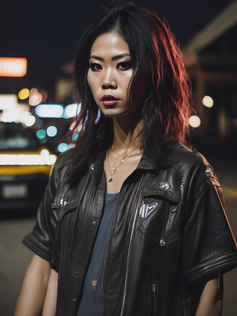 young Asian female street racing enthusiast, freckles, fashion, American muscle cars, in street race meet in LA, in the style of Hiphop art sensibilities, muscle cars, tattoos, drugcore, delicacy of touch, caffenol developing, letterboxing, coloured lights, Sacha Goldberger, psychedelic realism, ultra detailed, gloomy metropolises, mallgoth