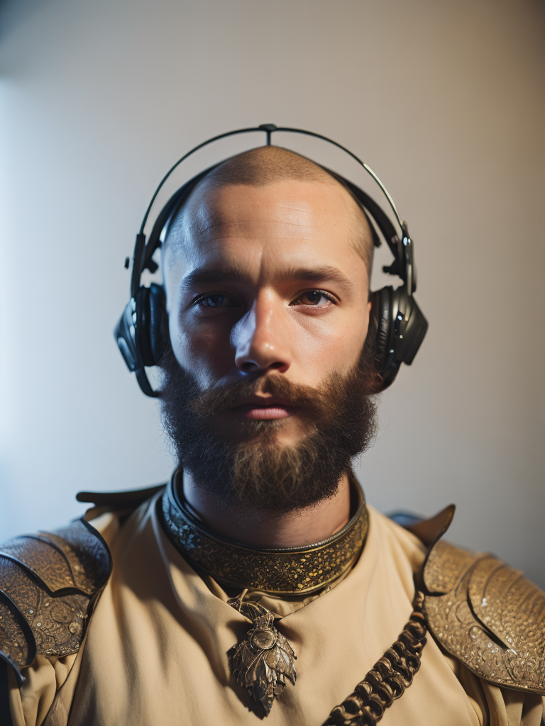 viking from buduzhego with headphones in golden armor, tattoo on the neck of windizel