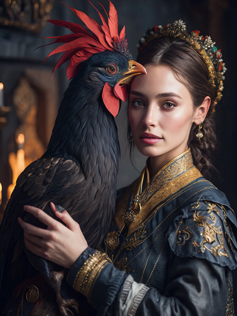 Portrait of a Beautiful women from Russian fairytale wearing traditional costume hugging a Rooster