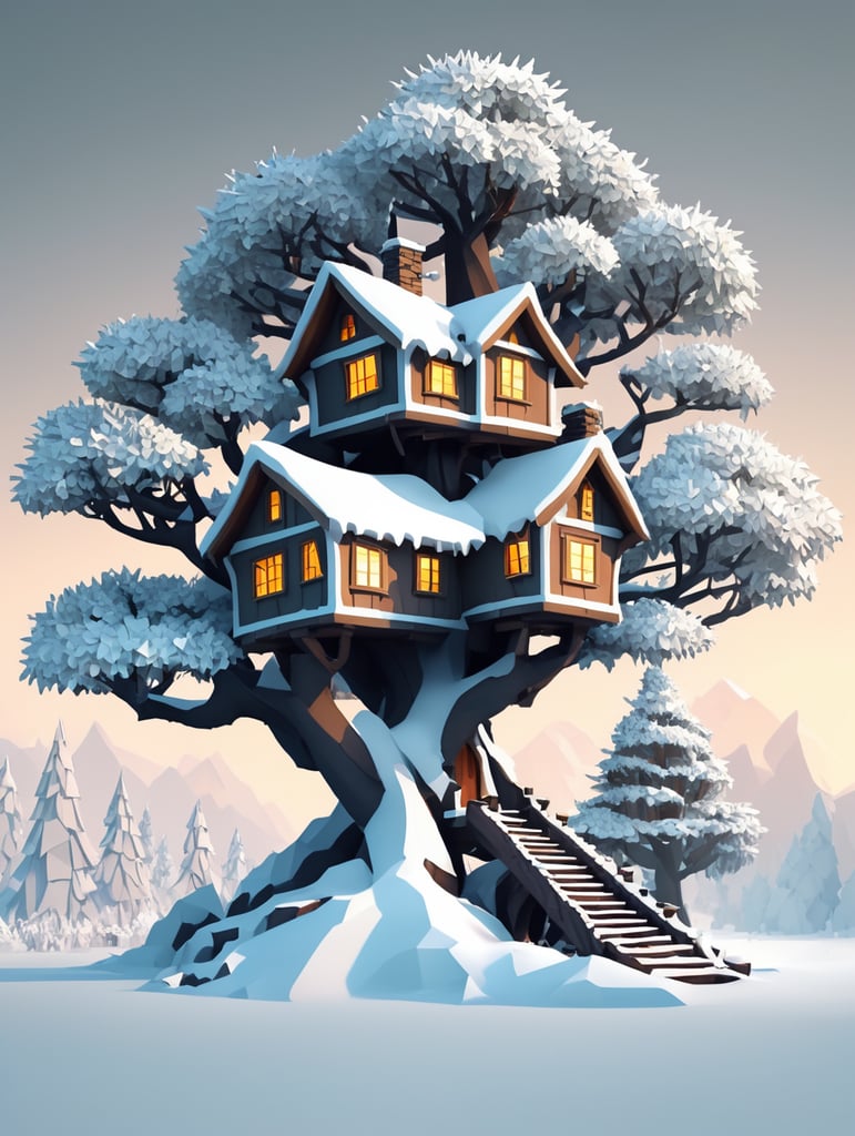 Dwarves' house on a branching tree, a lot of snow, low poly style