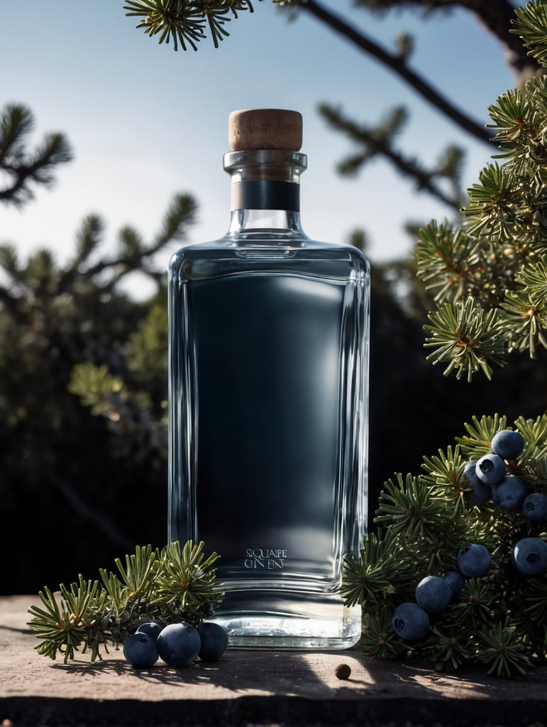 professional photography of a square gin bottle, square bottle, surrounding a juniper and juniper berries, one shot of gin in a front, no label, clear, mockup