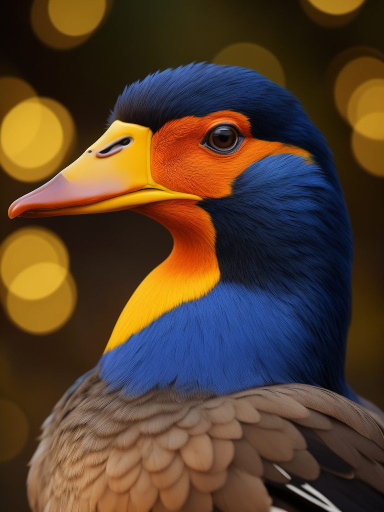 Portrait of fluffy duck, bright and saturated colors, elegant, highly detailed, vogue, fashion magazine, sharp focus, bright expressive makeup, dramatic lighting, depth of field, incredibly high detailed, blurred background