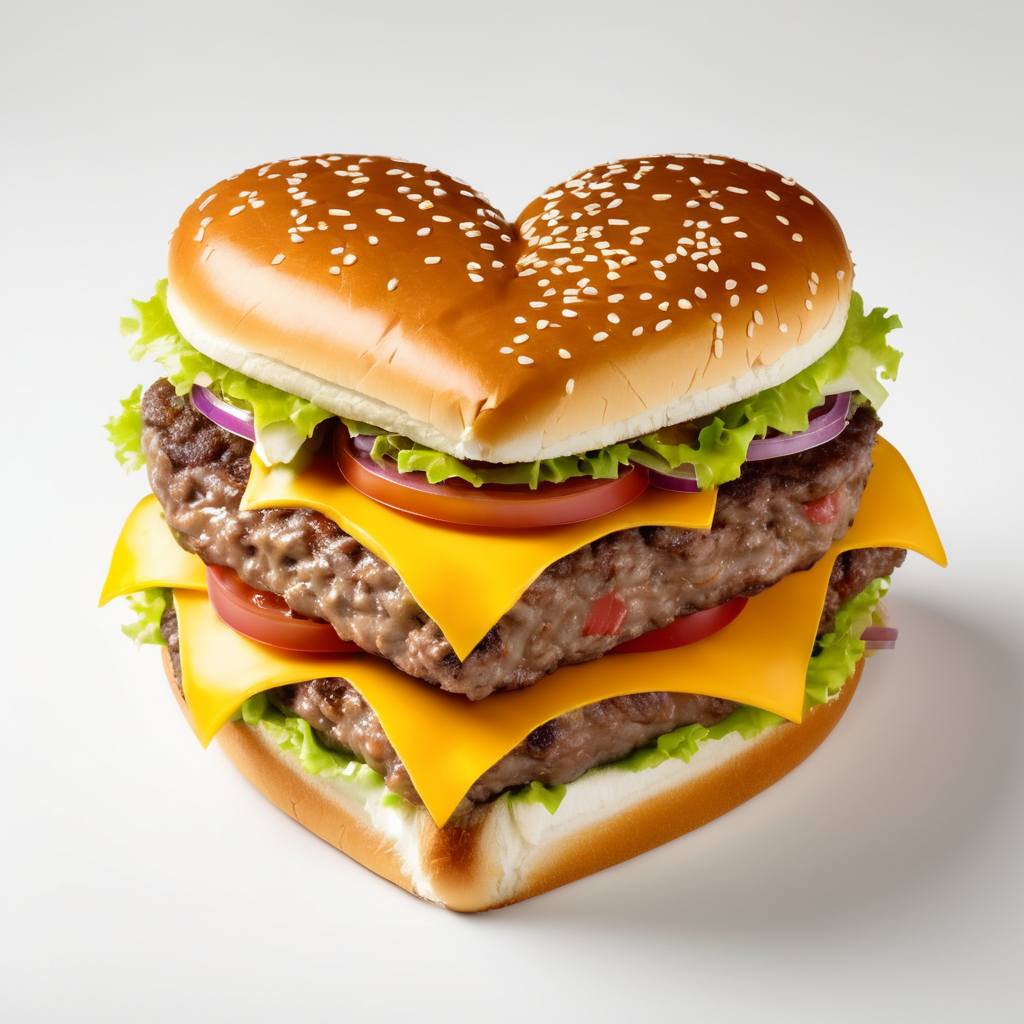 heart shaped double cheeseburger, white background, front view