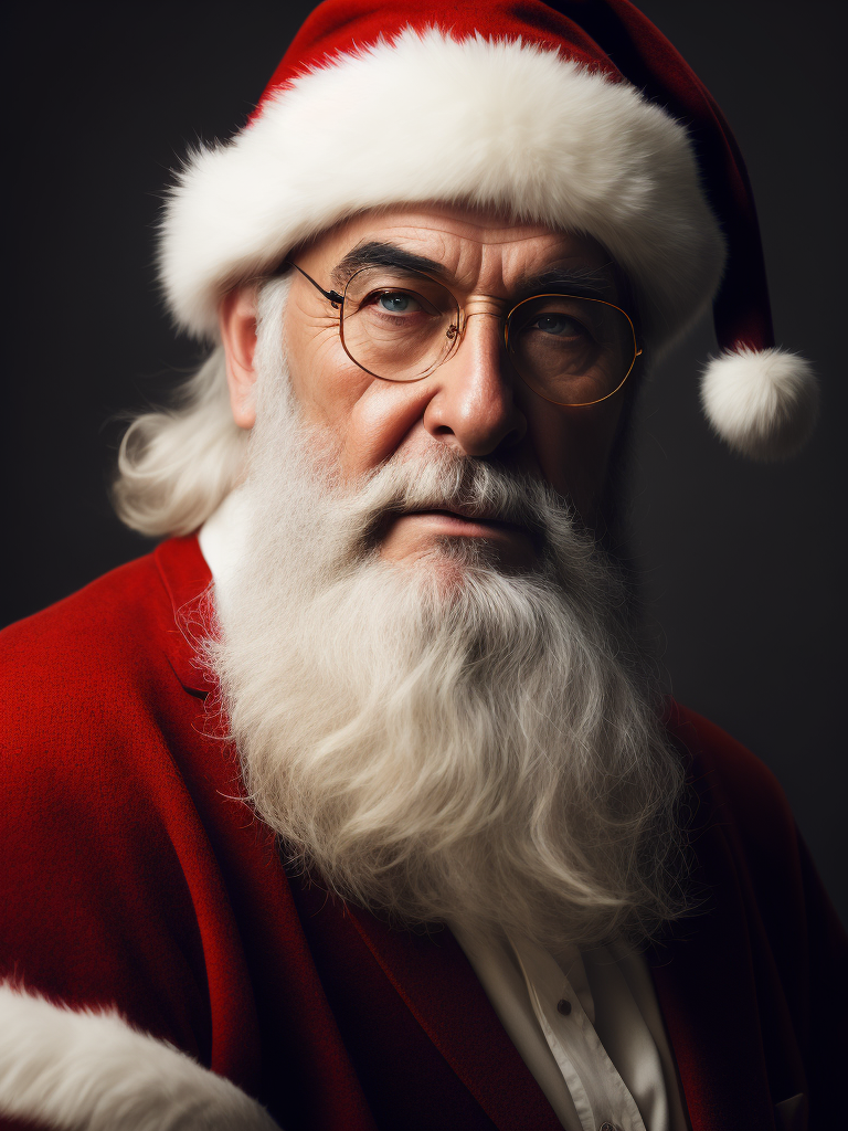 Portrait of Santa Claus, bright and saturated colors, elegant, highly detailed, vogue, fashion magazine, sharp focus, bright expressive makeup, dramatic lighting, depth of field, incredibly high detailed, blurred background
