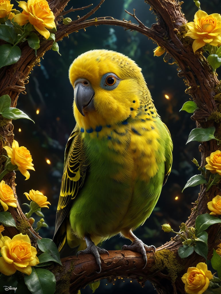 Disney Pixar inspired movie poster with the title Angela in the image а budgerigar, yellow green color.