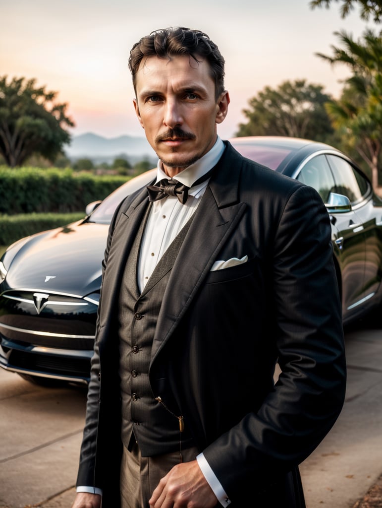 Nikola Tesla looks directly into the camera, with a Tesla car standing behind him.
