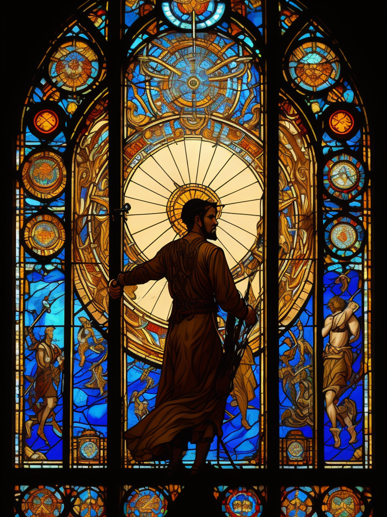 Zodiac signs, man with bow and arrow, stained glass cathedral, alphonse mucha, james jean, erin hanson, hyperdetailed, backlit