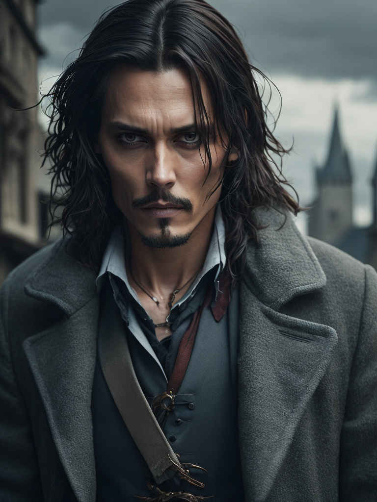 Portrait of Johnny Depp as Count Dracula, majestic look, long hair, mantle, against the backdrop of a medieval castle, detailed background, contrasting light, detailed face, muted tones