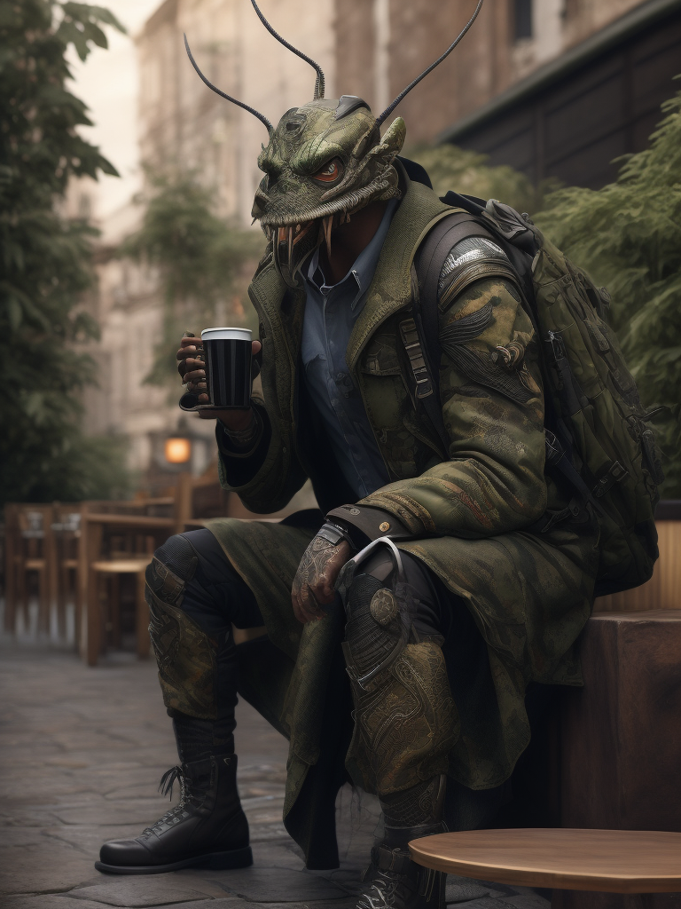 The mutant insects wear in camouflage jacket and drink a morning coffee at the terrace