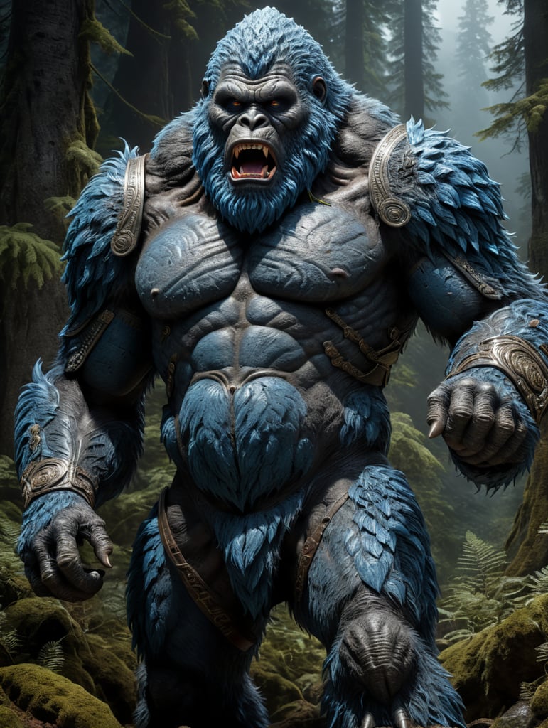 full body shot of blue sasquatch, remove mouth and nose, wearing a Roman legionnaires costume