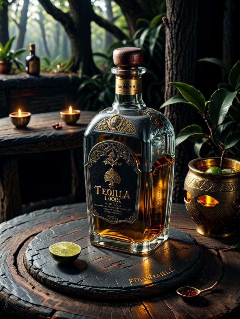 Quiero hacer una botella de tequila ancestral de cerámica de 700 ml. Con un tapón de metal dorado. Sobre una mesa de madera deben colocarse una botella y unas ramas de arbol . Queremos que la marca sea fiel al antiguo estilo prehispanico.